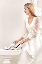 Silk organza midi dress with wrap bodice, sheer sleeves, and side button detail